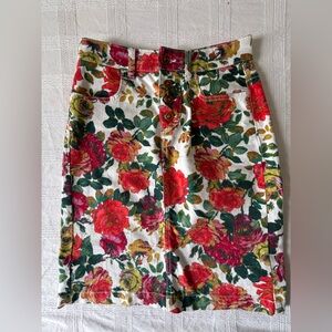 Anthropologie Floral Button-Front Midi Skirt in Red, Green, Yellow on White